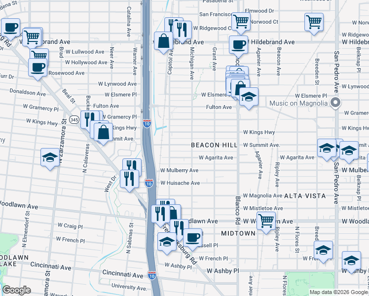 map of restaurants, bars, coffee shops, grocery stores, and more near 1114 West Summit in San Antonio