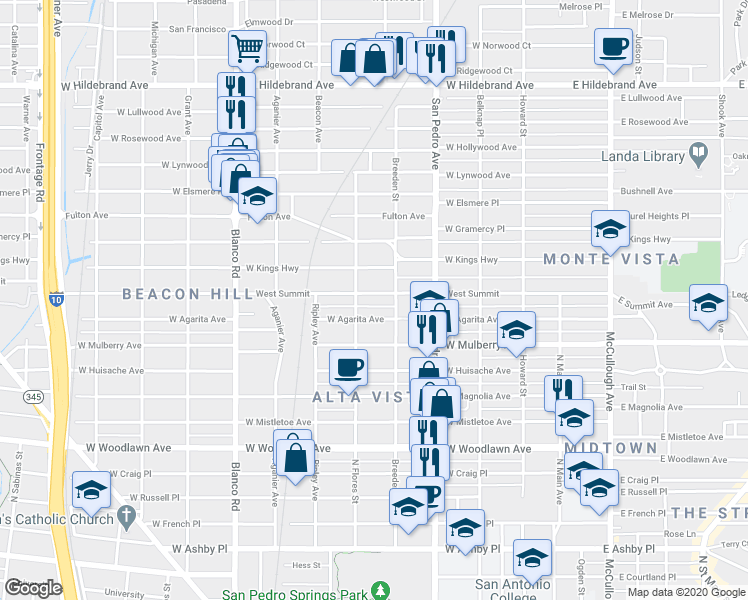 map of restaurants, bars, coffee shops, grocery stores, and more near 522 West Summit in San Antonio