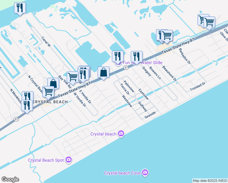 map of restaurants, bars, coffee shops, grocery stores, and more near 1991 Calypso in Bolivar Peninsula
