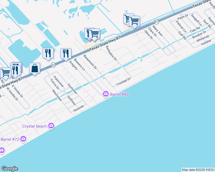 map of restaurants, bars, coffee shops, grocery stores, and more near 876 Meynig Drive in Bolivar Peninsula