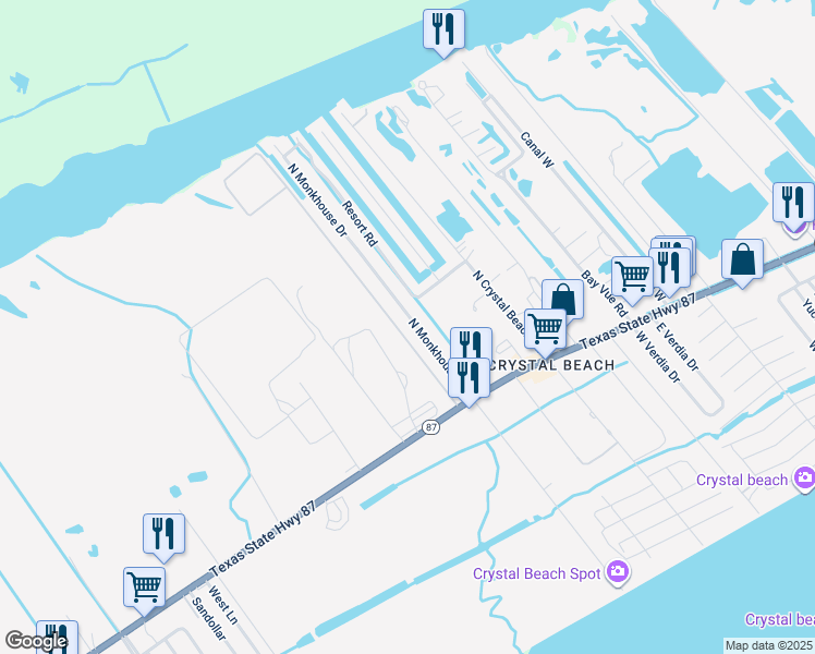 map of restaurants, bars, coffee shops, grocery stores, and more near 1079 South Monkhouse Drive in Bolivar Peninsula
