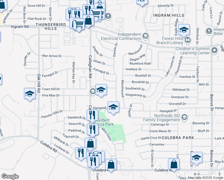 map of restaurants, bars, coffee shops, grocery stores, and more near 5810 Bennington Dr in San Antonio