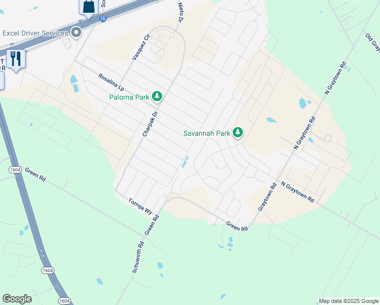 map of restaurants, bars, coffee shops, grocery stores, and more near 10815 Prusiner Road in Converse
