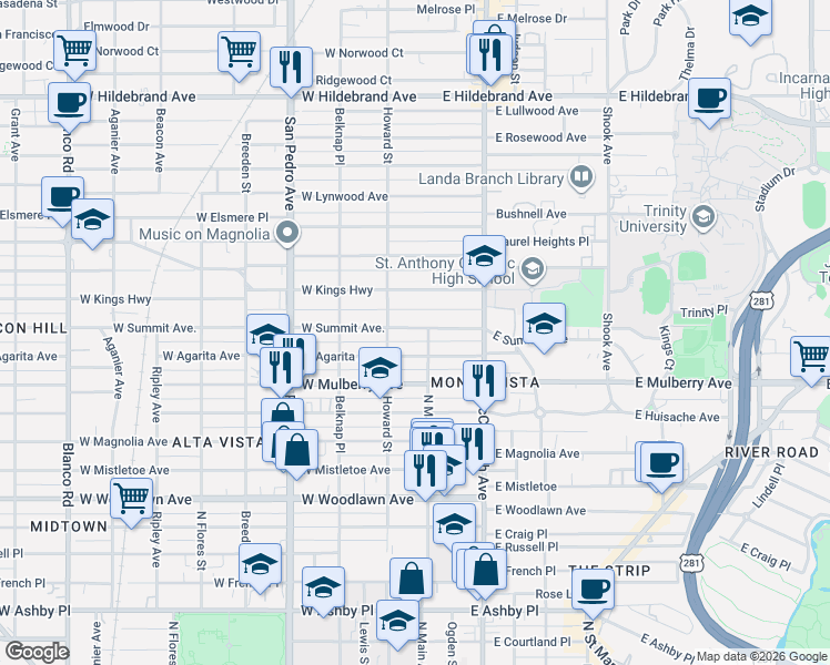 map of restaurants, bars, coffee shops, grocery stores, and more near 110 West Summit in San Antonio