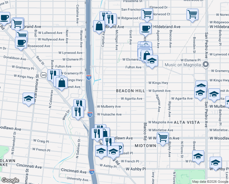 map of restaurants, bars, coffee shops, grocery stores, and more near 1114 West Summit in San Antonio