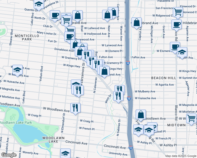 map of restaurants, bars, coffee shops, grocery stores, and more near 1502 Fredericksburg Road in San Antonio