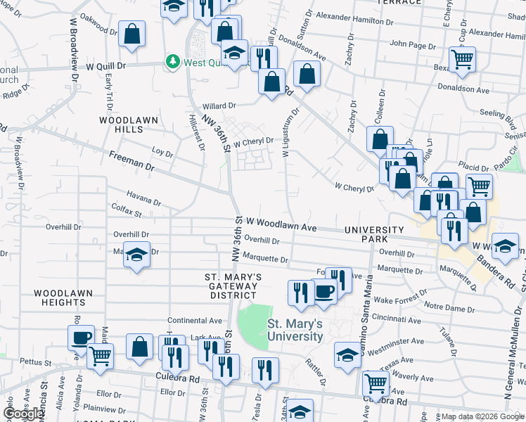 map of restaurants, bars, coffee shops, grocery stores, and more near 105 Halvern Drive in San Antonio