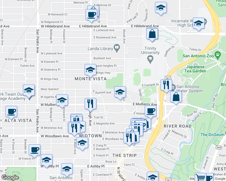 map of restaurants, bars, coffee shops, grocery stores, and more near 317 East Summit Avenue in San Antonio