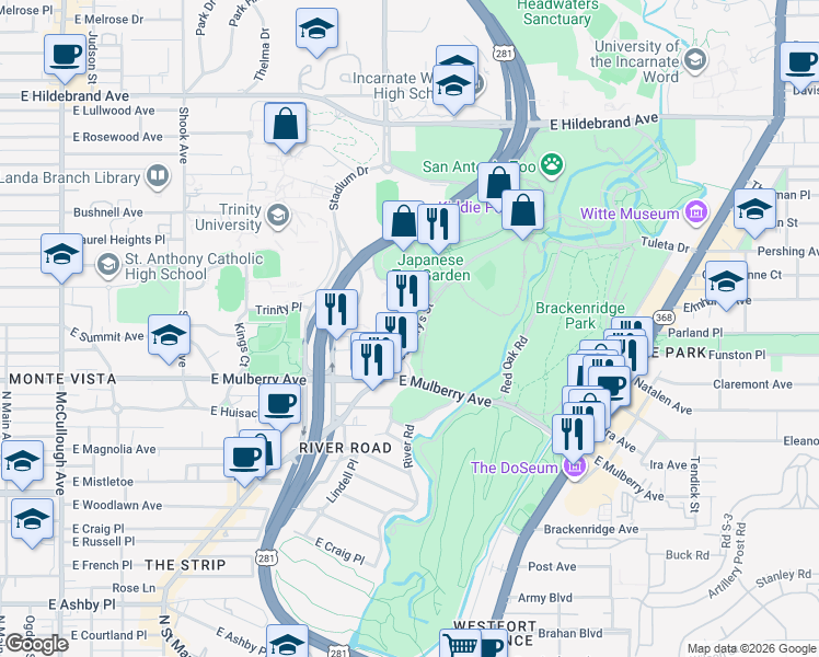 map of restaurants, bars, coffee shops, grocery stores, and more near 3610 North Saint Mary's Street in San Antonio