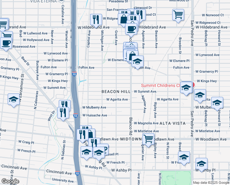 map of restaurants, bars, coffee shops, grocery stores, and more near 936 West Summit in San Antonio