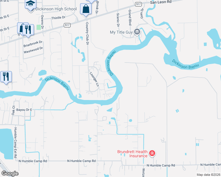 map of restaurants, bars, coffee shops, grocery stores, and more near 5007 Captains Drive in Dickinson