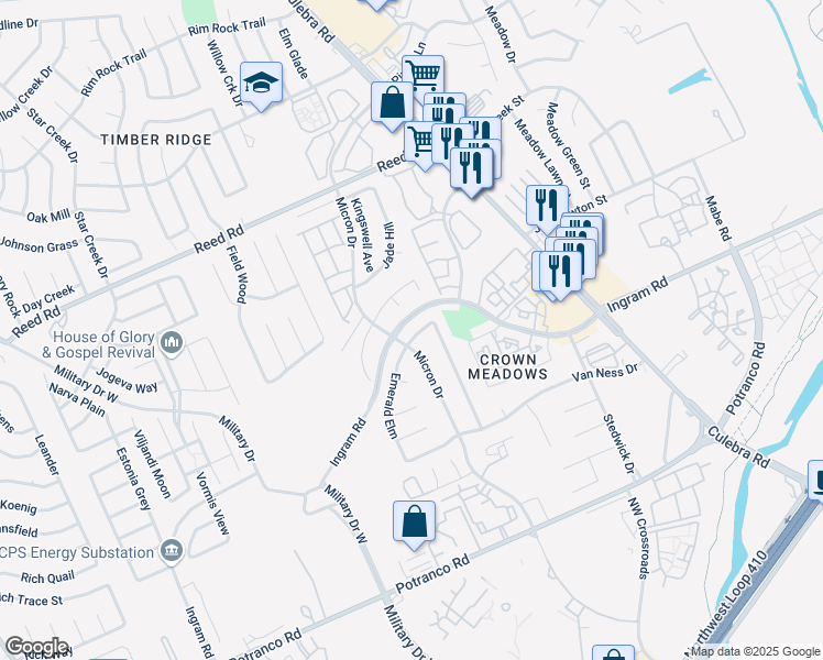 map of restaurants, bars, coffee shops, grocery stores, and more near 7827 Emerald Elm in San Antonio