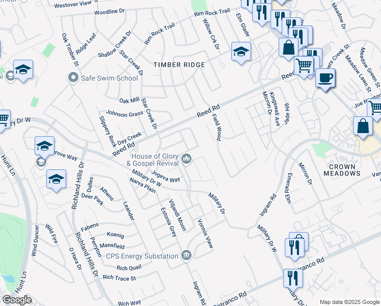 map of restaurants, bars, coffee shops, grocery stores, and more near 8602 Finlandia Gap in San Antonio