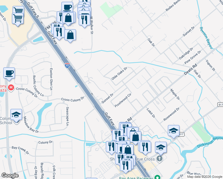 map of restaurants, bars, coffee shops, grocery stores, and more near 427 Sunset Drive in Dickinson