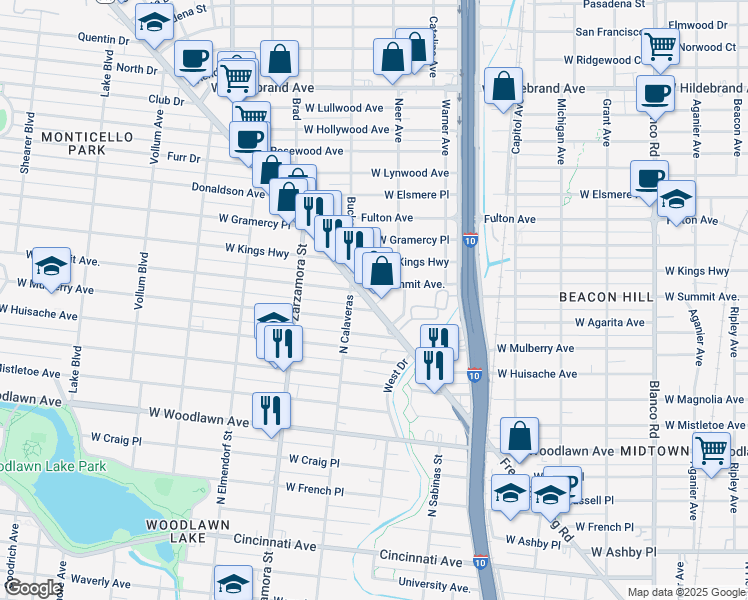 map of restaurants, bars, coffee shops, grocery stores, and more near 1502 Fredericksburg Road in San Antonio