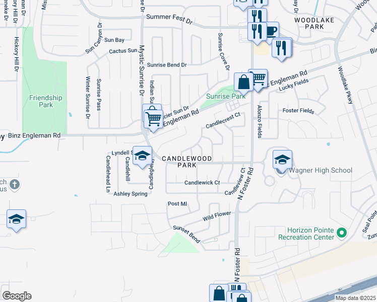 map of restaurants, bars, coffee shops, grocery stores, and more near 3721 Candlebluff Drive in San Antonio