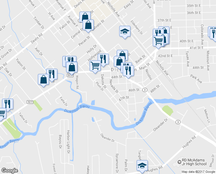 map of restaurants, bars, coffee shops, grocery stores, and more near 4505 Dakota Street in Dickinson
