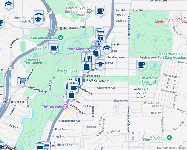 map of restaurants, bars, coffee shops, grocery stores, and more near 133 Parland Place in San Antonio
