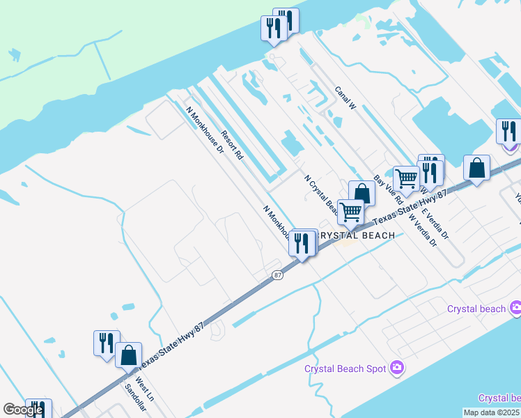 map of restaurants, bars, coffee shops, grocery stores, and more near 1079 South Monkhouse Drive in Bolivar Peninsula