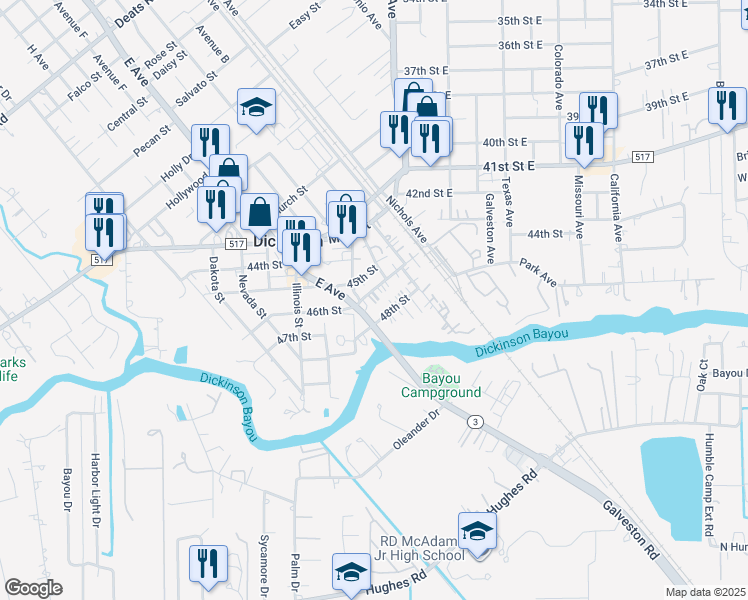 map of restaurants, bars, coffee shops, grocery stores, and more near 2918 46th Street in Dickinson
