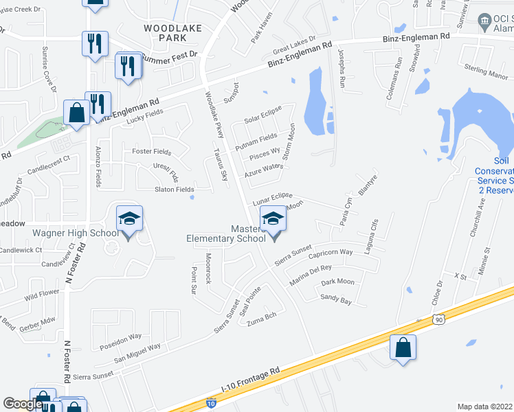 map of restaurants, bars, coffee shops, grocery stores, and more near 3123 Saturn Path in Bexar County