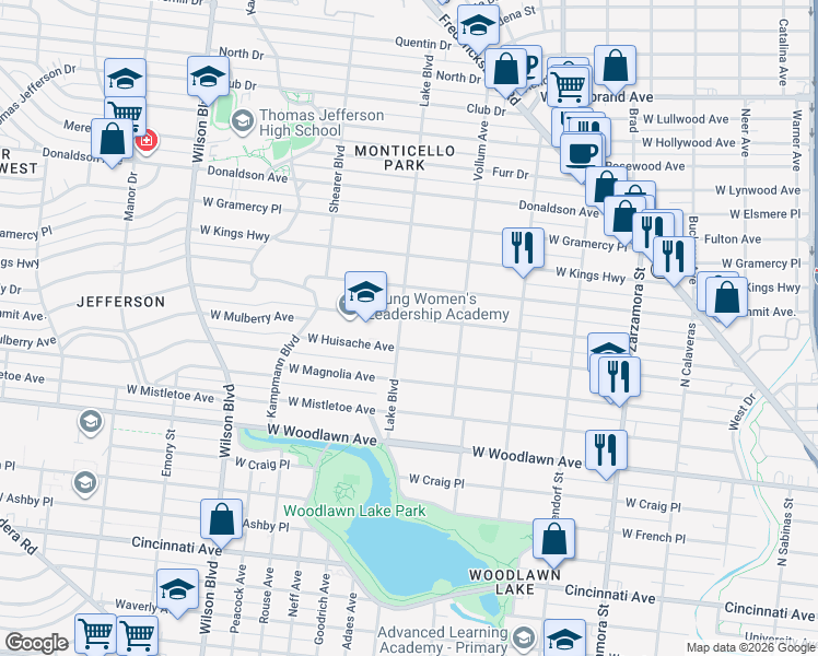 map of restaurants, bars, coffee shops, grocery stores, and more near 2046 West Mulberry Avenue in San Antonio