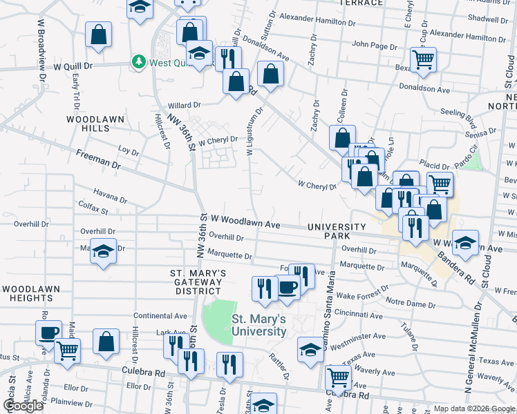 map of restaurants, bars, coffee shops, grocery stores, and more near 308 West Ligustrum Drive in San Antonio