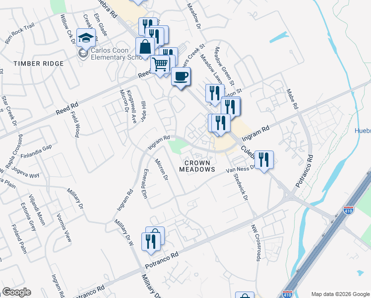 map of restaurants, bars, coffee shops, grocery stores, and more near 7700 Crown Haven in San Antonio