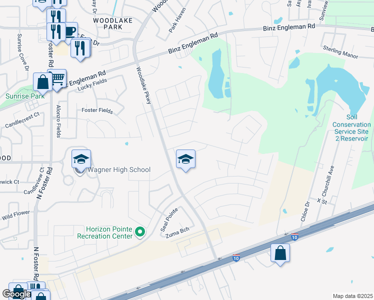map of restaurants, bars, coffee shops, grocery stores, and more near 7135 Quarter Moon in Converse