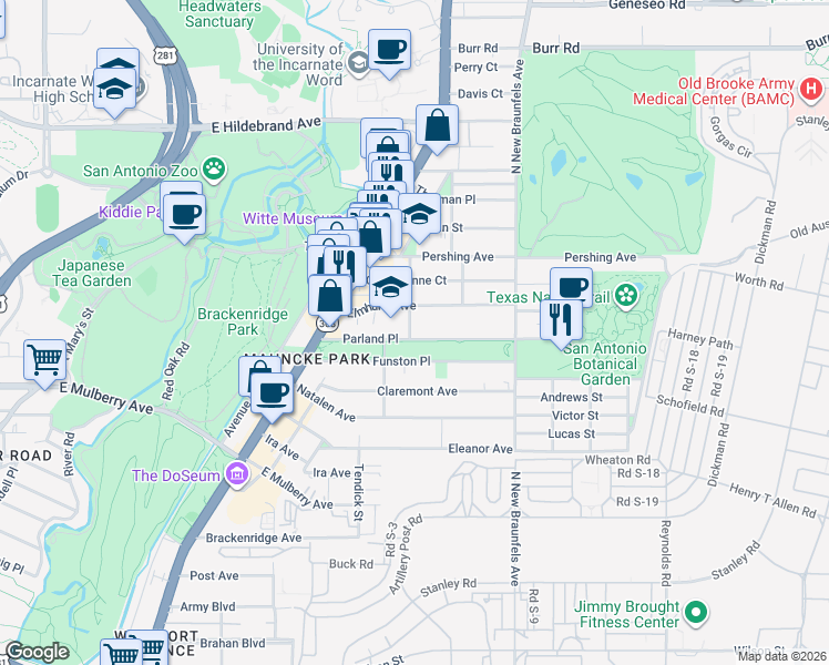 map of restaurants, bars, coffee shops, grocery stores, and more near 315 Parland Place in San Antonio