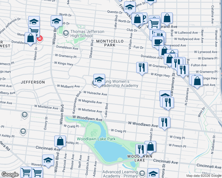 map of restaurants, bars, coffee shops, grocery stores, and more near 2046 West Mulberry Avenue in San Antonio