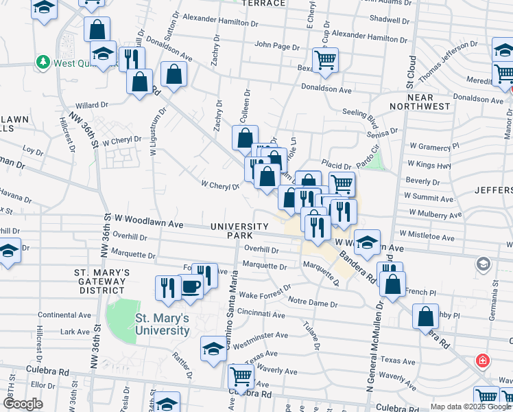 map of restaurants, bars, coffee shops, grocery stores, and more near 3647 Embassy Drive in San Antonio