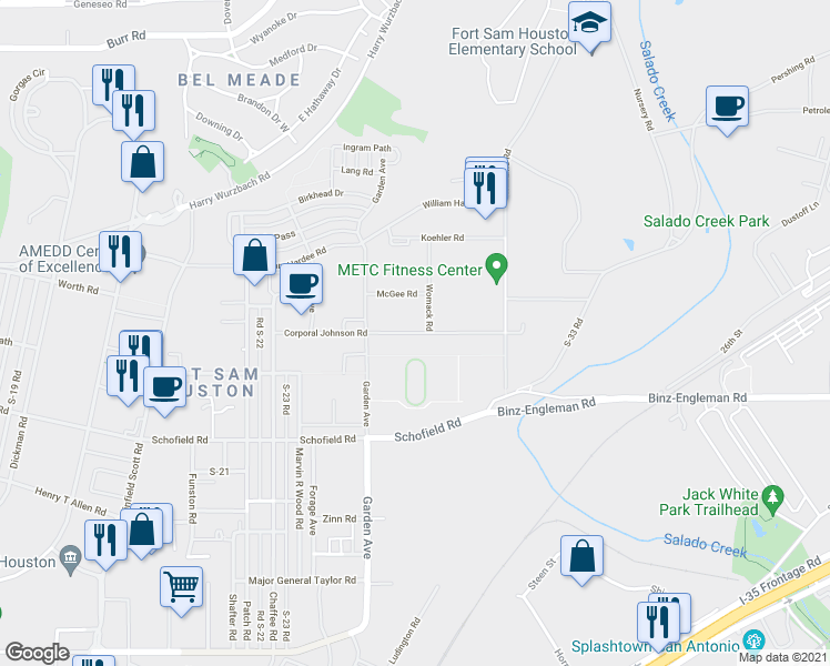 map of restaurants, bars, coffee shops, grocery stores, and more near 3222 Corporal Johnson Road in San Antonio