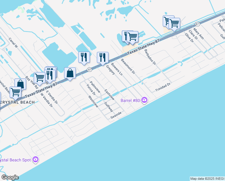 map of restaurants, bars, coffee shops, grocery stores, and more near 2115 Pond Street in Bolivar Peninsula