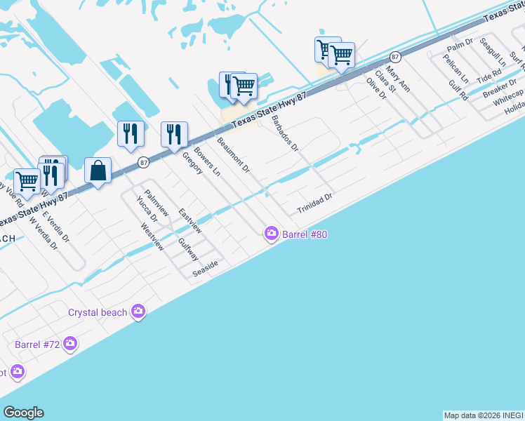 map of restaurants, bars, coffee shops, grocery stores, and more near 876 Meynig Drive in Bolivar Peninsula