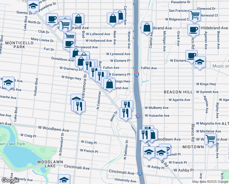 map of restaurants, bars, coffee shops, grocery stores, and more near 135 Louise Street in San Antonio