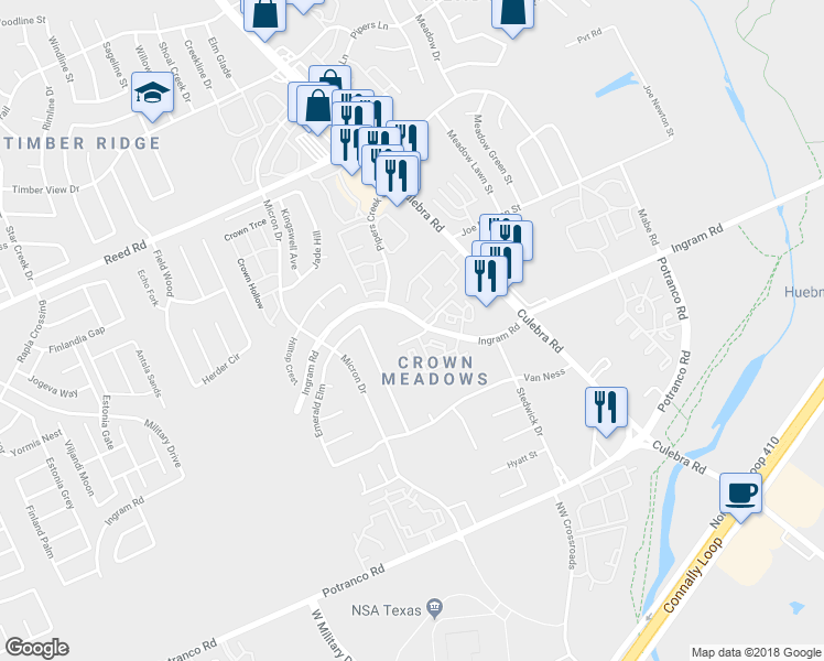 map of restaurants, bars, coffee shops, grocery stores, and more near 7700 Crown Haven in San Antonio