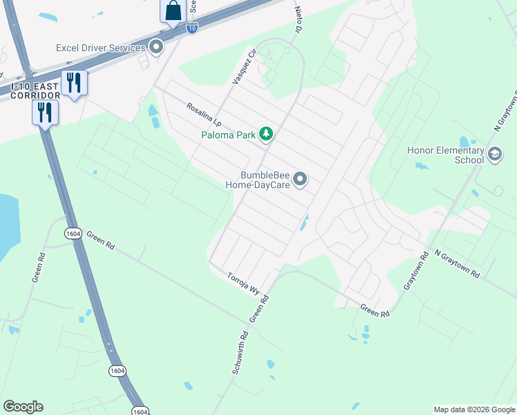 map of restaurants, bars, coffee shops, grocery stores, and more near 10641 Green Road in Converse