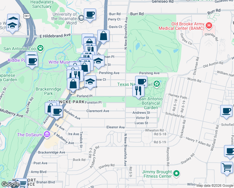 map of restaurants, bars, coffee shops, grocery stores, and more near 439 Parland Place in San Antonio