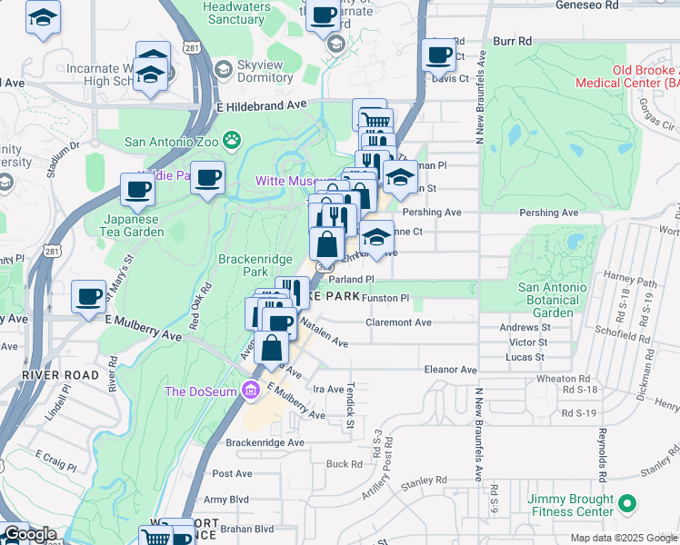 map of restaurants, bars, coffee shops, grocery stores, and more near 119 Parland Place in San Antonio