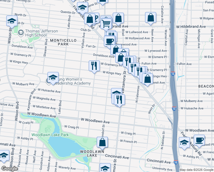 map of restaurants, bars, coffee shops, grocery stores, and more near 1809 West Mulberry Avenue in San Antonio