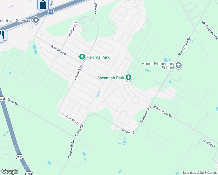 map of restaurants, bars, coffee shops, grocery stores, and more near 9667-9699 Green Road in Converse