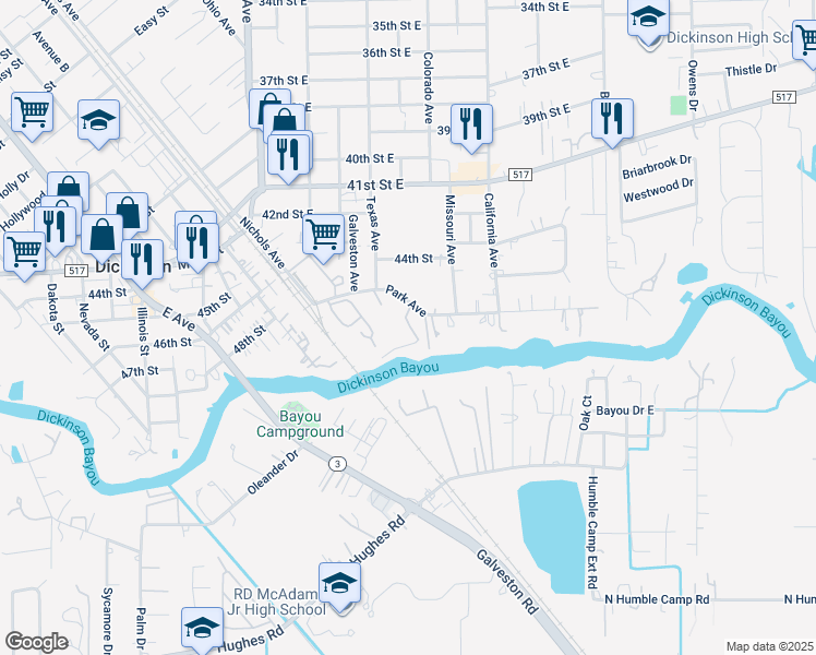 map of restaurants, bars, coffee shops, grocery stores, and more near 4804 Park Avenue in Dickinson