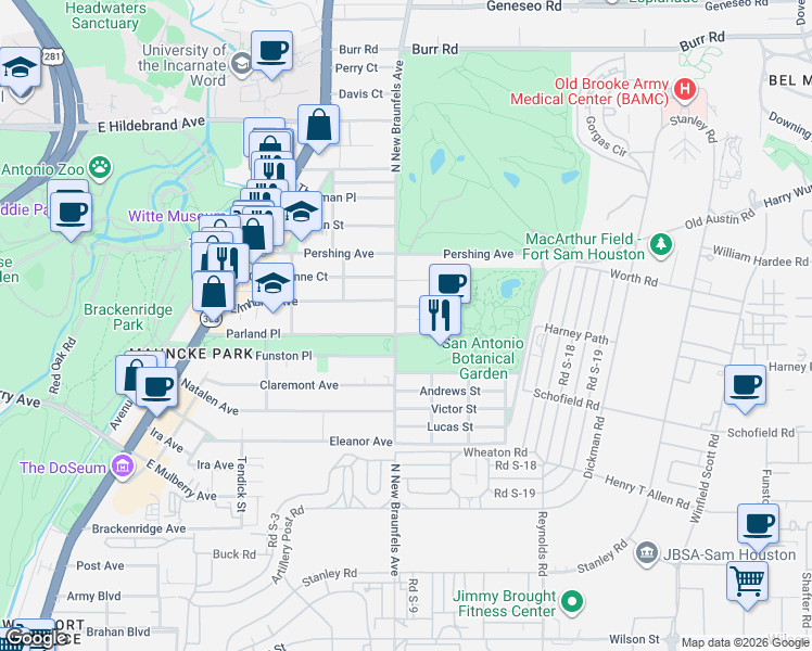 map of restaurants, bars, coffee shops, grocery stores, and more near in San Antonio