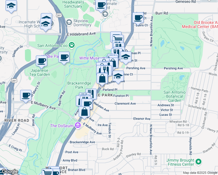map of restaurants, bars, coffee shops, grocery stores, and more near 119 Parland Place in San Antonio