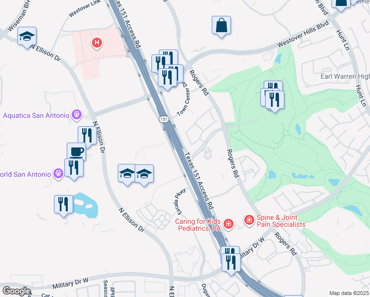 map of restaurants, bars, coffee shops, grocery stores, and more near 9931 Hyatt Resort Drive in San Antonio