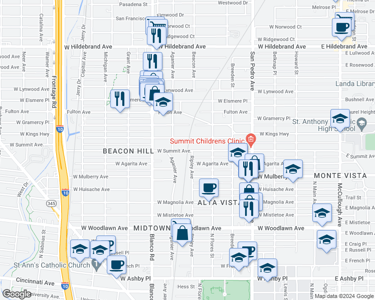 map of restaurants, bars, coffee shops, grocery stores, and more near 643 West Summit in San Antonio