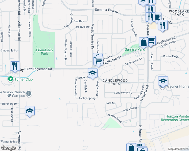 map of restaurants, bars, coffee shops, grocery stores, and more near 6139 Lyndell Spring in San Antonio