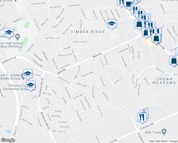map of restaurants, bars, coffee shops, grocery stores, and more near 8619 Finlandia Gap in San Antonio