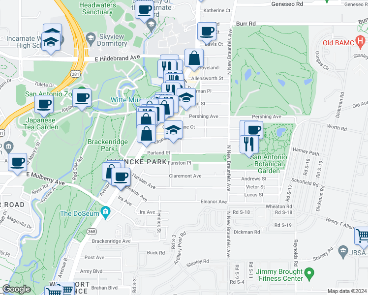 map of restaurants, bars, coffee shops, grocery stores, and more near 110 Bellview Street in San Antonio